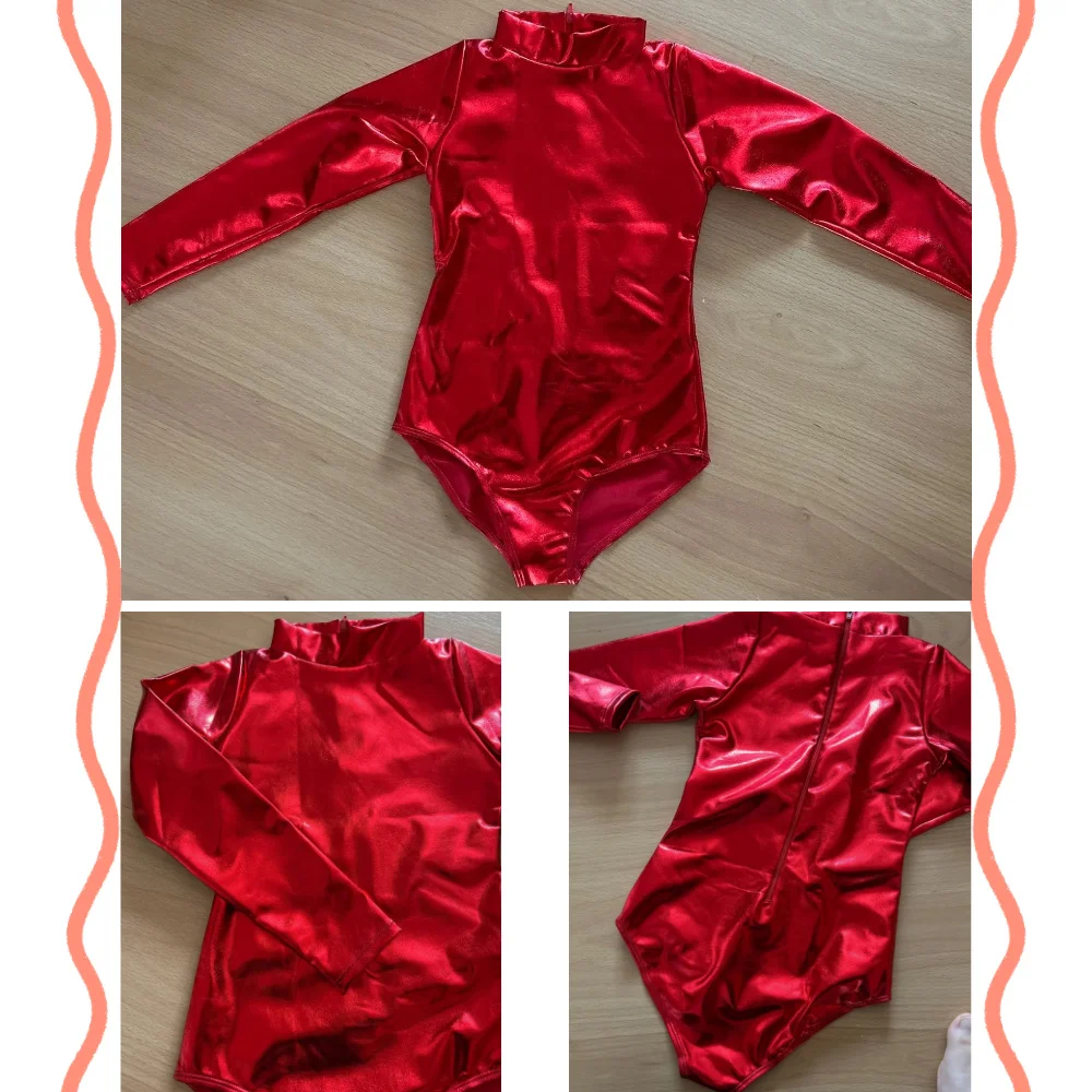 Aoylisey Mädchen Glänzender Metallic Langarm-Ballettanzug Gymnastik-Bodysuits Silbernes Tanz-Performance-Kostüm