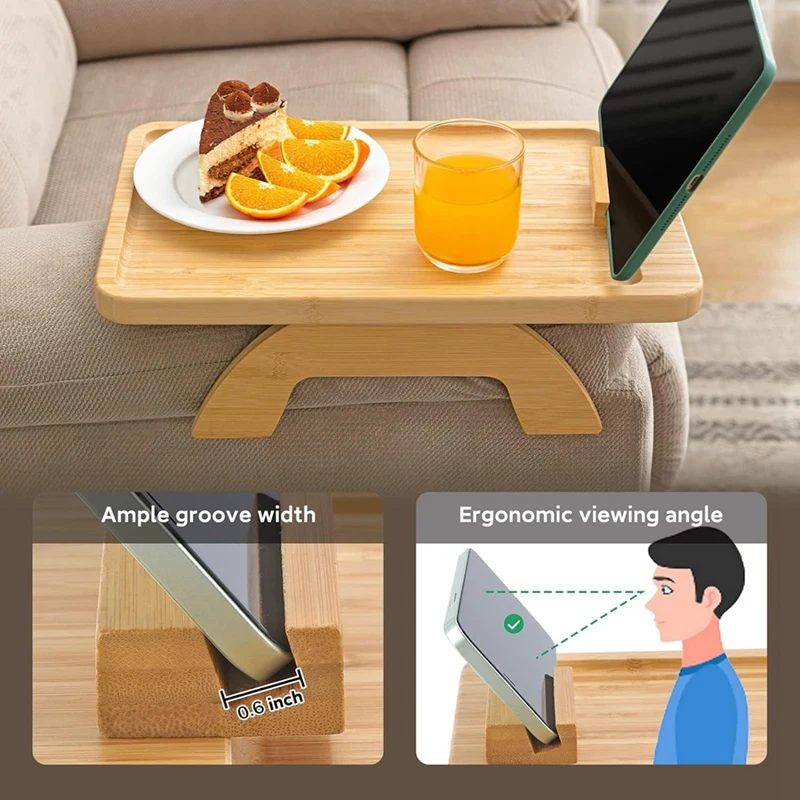 1 Piece Sofa Clip On Side Table For Wide Couches Arm Foldable Couch Tray With 360° Rotating Phone Holder For Eating/Drinks