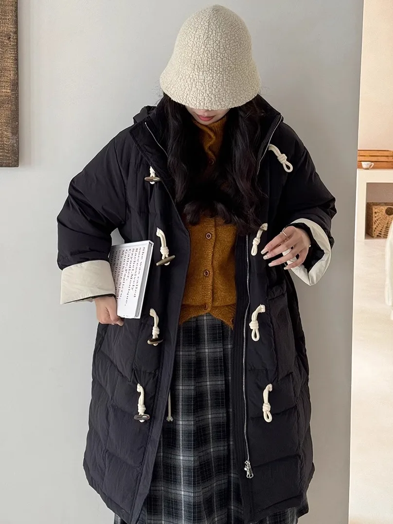 

Женское утепленное длинное пуховое пальто Uniko в корейском стиле, свободного кроя, теплое зимнее пальто с капюшоном, черное, с пуговицами, прямого силуэта