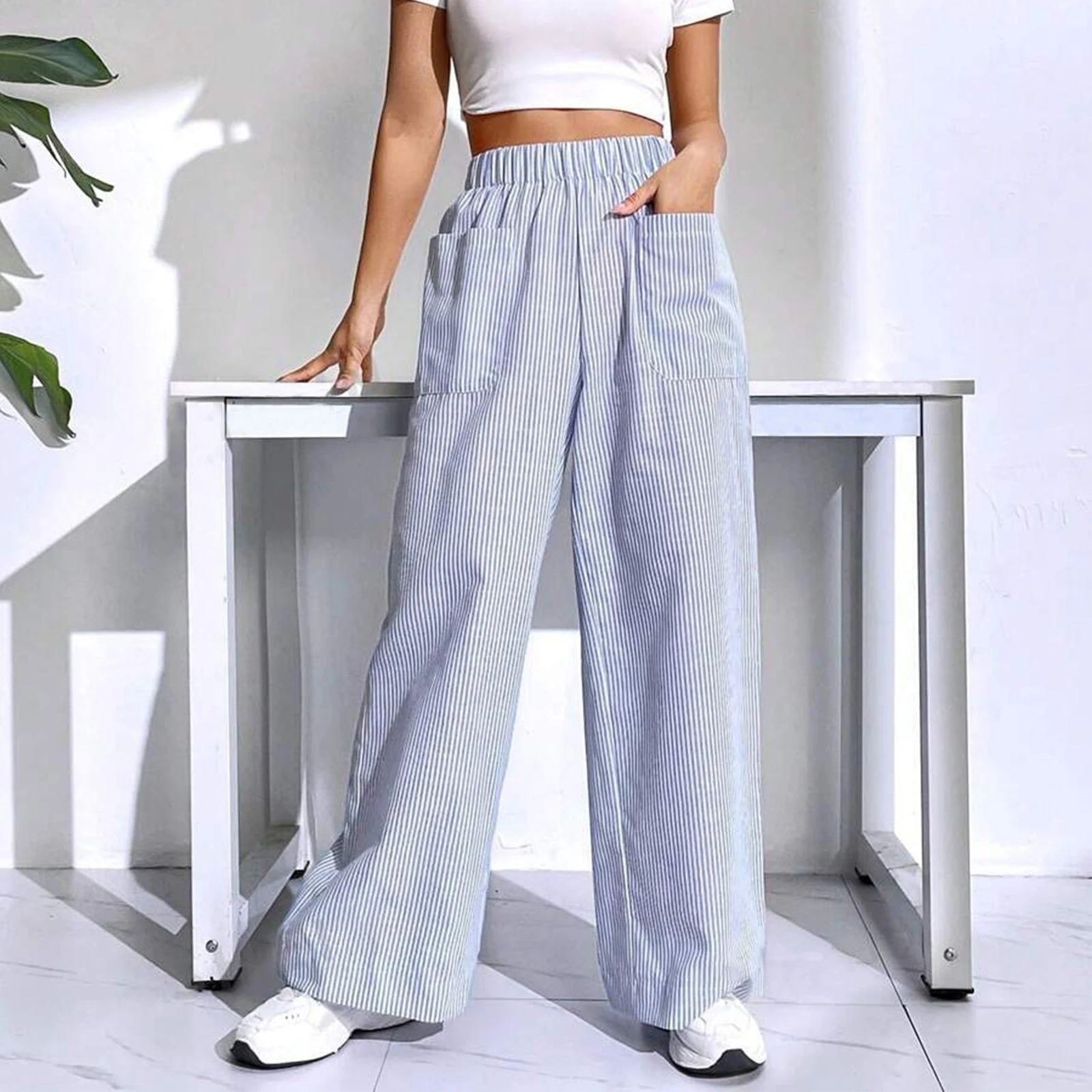 Women's Casual Wide Leg Pants Autumn Stylish Striped High Elastic Waist Loose Fit Long Trousers with Front Pockets Streetwear