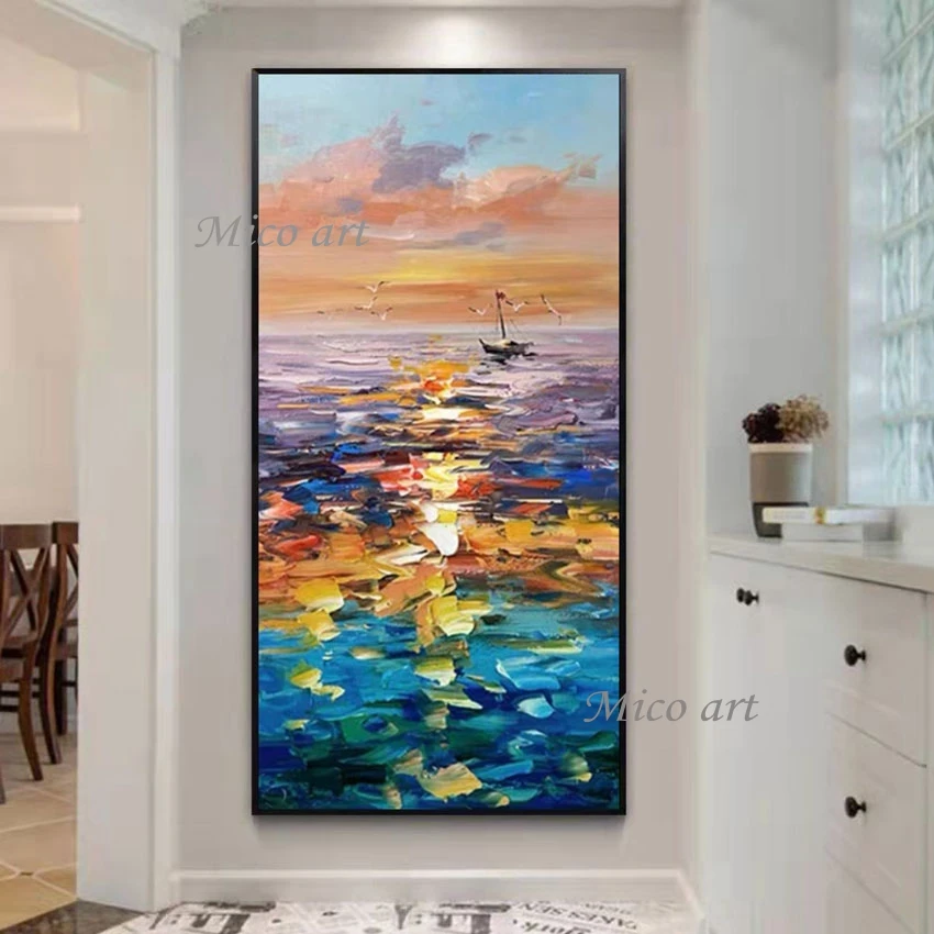 Hotel Wall Decor Acrylic Knife Painting Abstract Canvas Art Seascapes With Boats Oil Painting Unframed Pure Handmade Picture