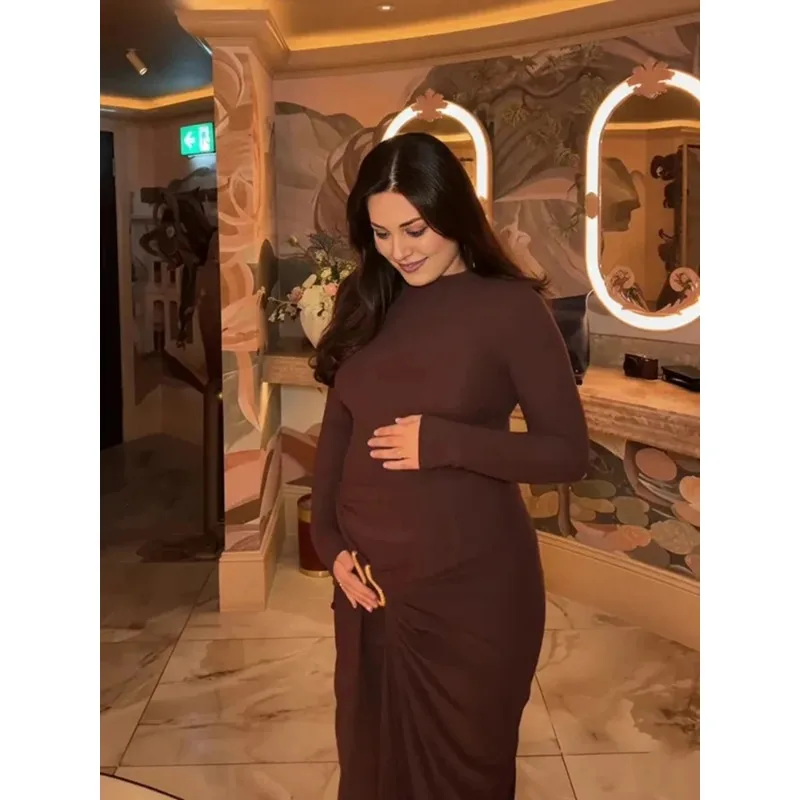 

Maternity Ruched Maxi Dress Long Sleeve Pregnancy Photoshoot Outfit Elegant Bodycon Photography Gown for Pregnant Women