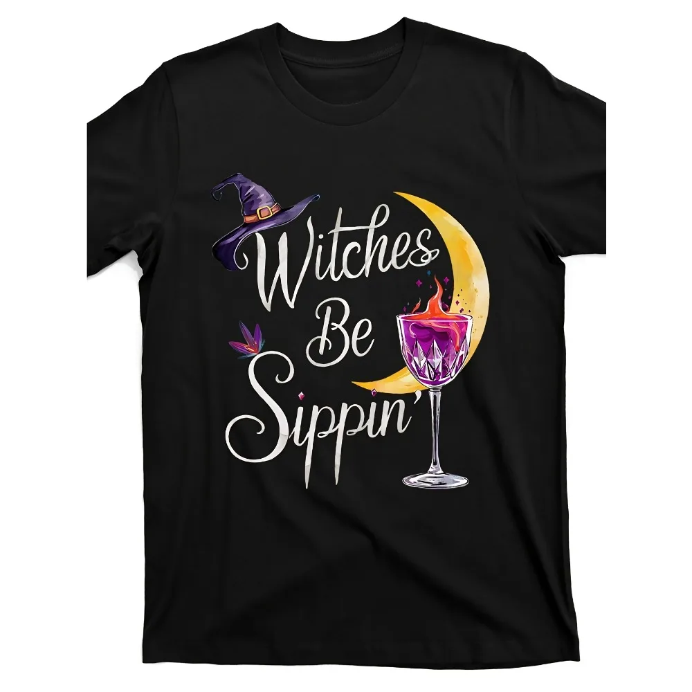 Camiseta de Halloween con motivos de brujas bebiendo - Camiseta con estampado de sombrero de bruja y vino morado - Camiseta de algodón suave y transpirable con cuello redondo, ideal para disfraces de fiesta de Halloween o para un atuendo casual - Camiseta ligera y lavable a máquina para mujer y hombre, ropa festiva, diseño de luna creciente.