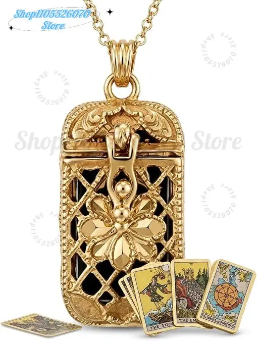 Tiny Tarot Card Necklace, Necklace with 22 Mini Colorful Cards in Cage Pendant