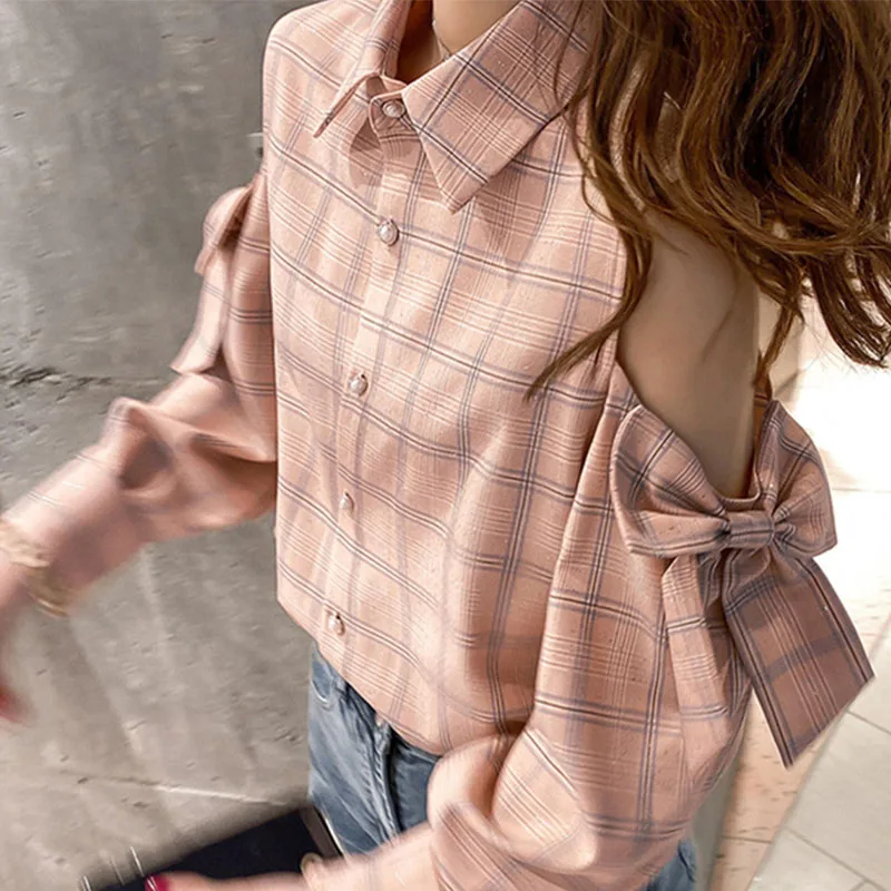 Korean Fashion Off Shoulder Plaid Blouse Women\'s Clothing Spring Autumn Long Sleeve Casual All-match Bow Spliced Shirt Female