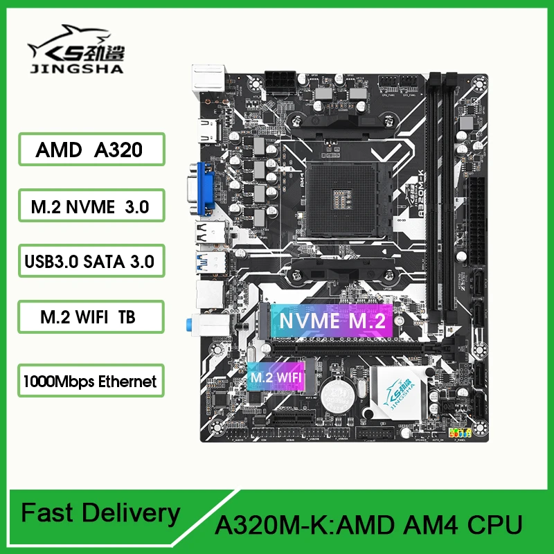 JINGSHA A320 M-K Gaming Motherboard AMD AM4 A320 Supports DDR4 Memory 64GB Nvme M.2 USB 3.0 SATA3.0 Desktop AM4 CPU dual channel