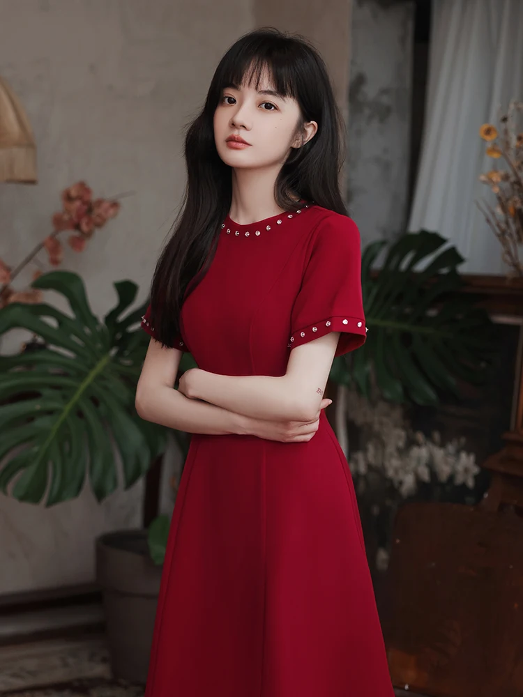 

Винно-красное свадебное платье для помолвки и торжеств, корейский стиль, А-силуэт, из полиэстера и спандекса, для женщин