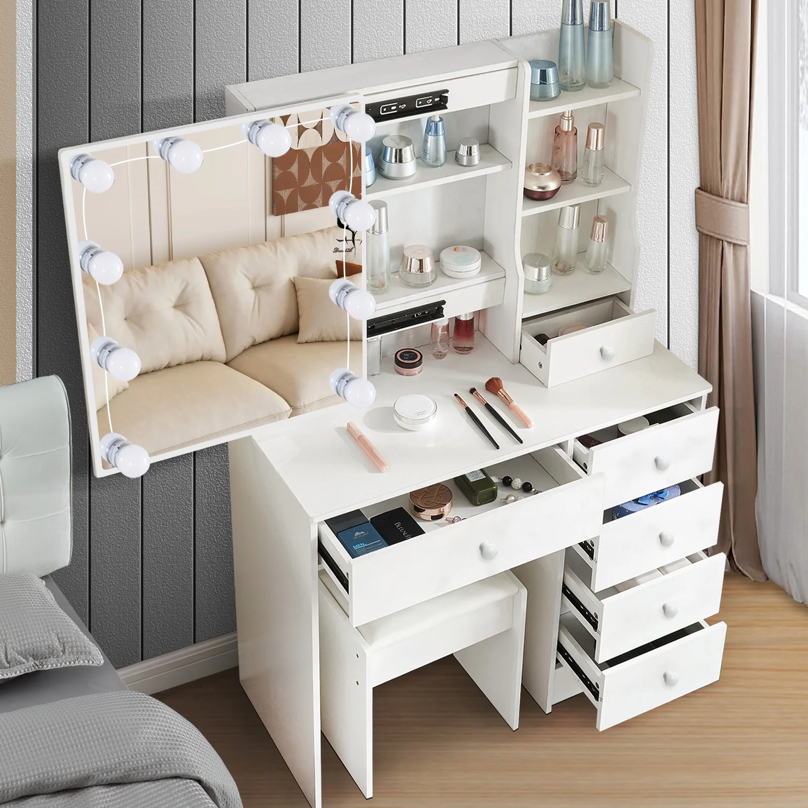 Home Office Guest Room - طاولة مكياج عصرية مع مرآة مضاءة