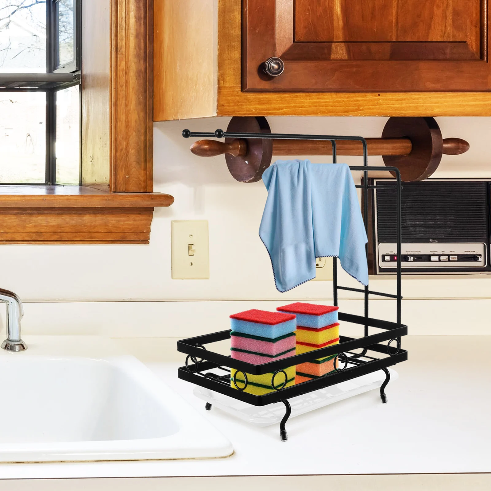 

Carbon Steel Rack Sponge Holder Metal Duster Cloth Carbon Steel Sponge Holder Towel Draining Black Countertop Storage Organizer