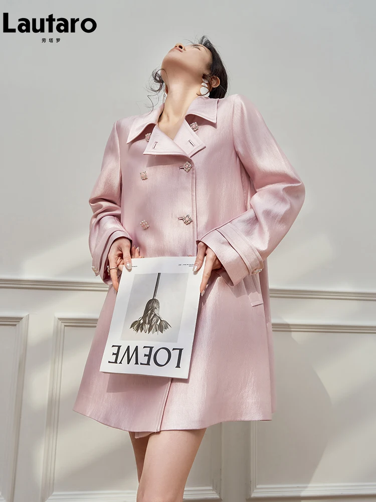 Lautaro Spring Autumn Pink Trench Coat for Women Double Breasted Elegant High Quality Loose Luxury Designer A Line Clothing 2026