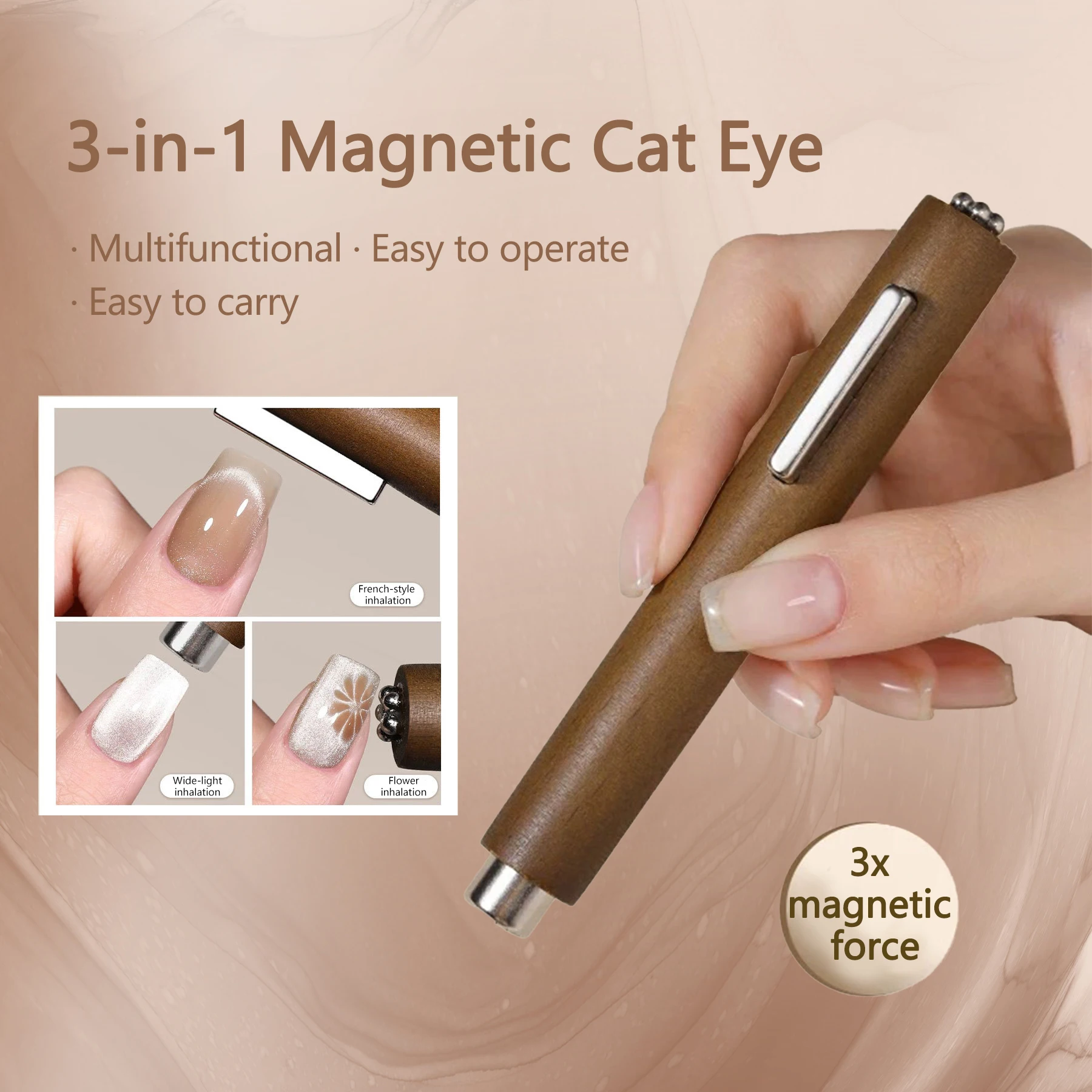3-in-1 Wooden Cat Eye Magnet Pen for Nails, Multi-Functional Cylindrical DIY Tool for Stunning Gel Polish Designs (Black Walnut)
