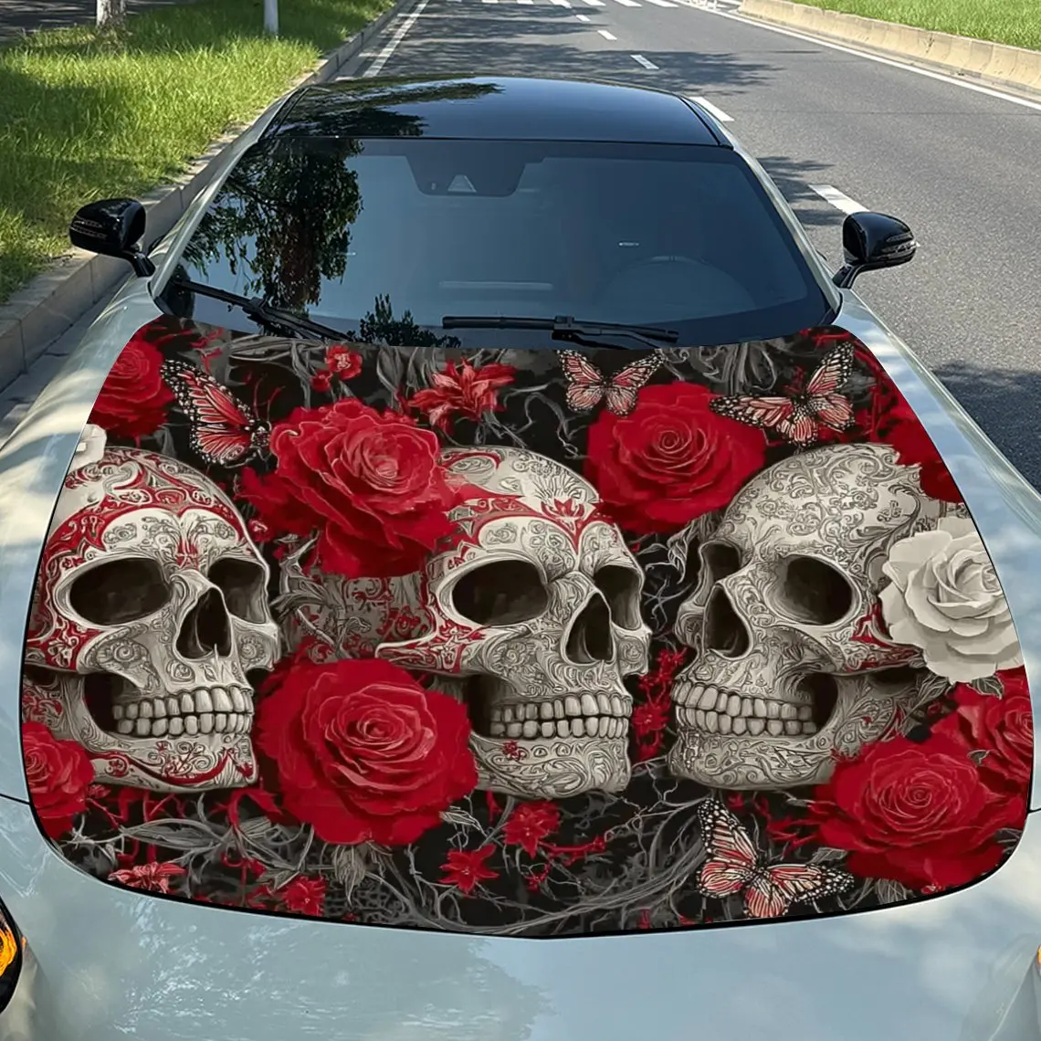 

Обертка на капот автомобиля со скелетом, розой и бабочкой — самоклеящаяся водонепроницаемая устойчивая к царапинам виниловая наклейка, прочная палка на капот автомобиля из ПВХ