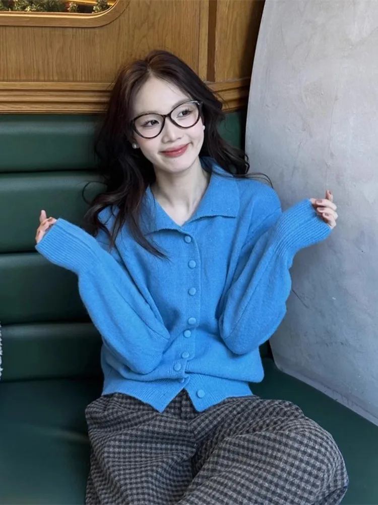 

Blue lapel collar sweater cardigan women autumn new beautiful lazy style long sleeved single breasted knitted jacket