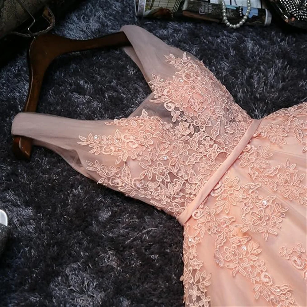 Blush Pink Floral Lace Mini Homecoming Dress Appliqued Tulle Prom Birthday Dress V Neck Short Dress vestidos para mujer