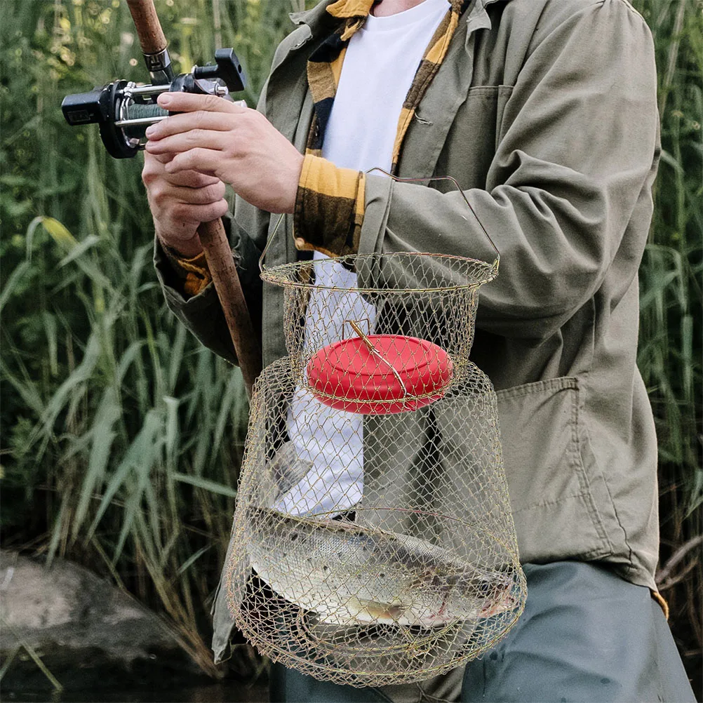 

Foldable Galvanized Steel Wire Fish Baskets Floating Fishing Basket Crab Metal Bucket Durable Smooth Edges Portable Fishing Gear