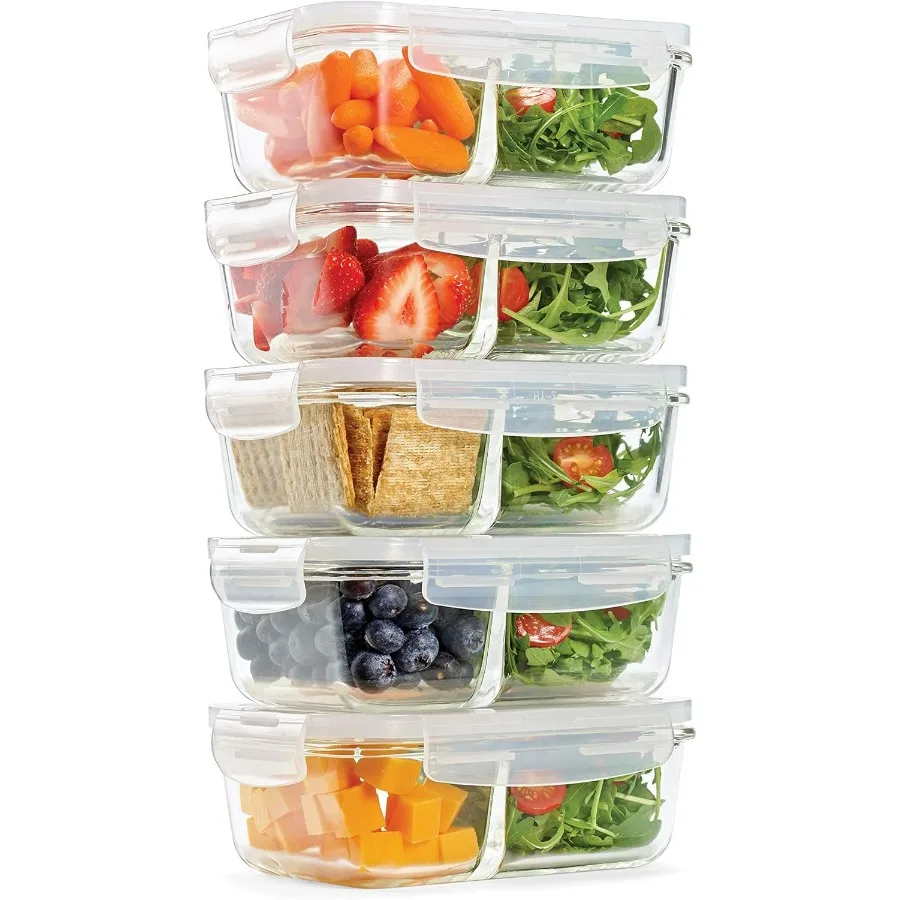 

Divided 5Pack Two Compartments Set of 5 Containers with Locking Lids Glass Storage for Meal Prep and Food Organization Airtight