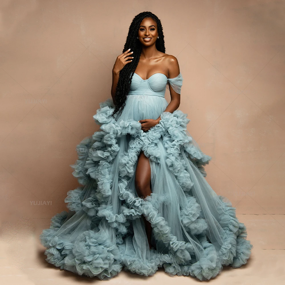 

Puffy Tulle Maternity Robe Customized Off Shoulder Pregnant Women Gowns Tiered Ruffles Front Split Bridal Prom Dress Photography