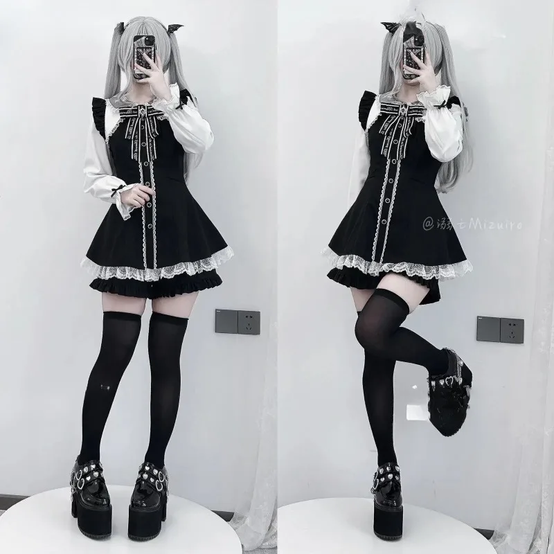 

Japanese 2026 Summer New Subculture Y2k Goth Lace Doll Collar Petal Long Sleeve Bow Sweet Lolita Dress Black Shorts Sets Women