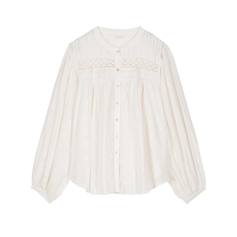 เสื้อทรงตรงผ้าฝ้ายสีขาวปักลายฉลุสำหรับผู้หญิง ยี่ห้อ Susan รุ่น Ne Bubble Sve สำหรับต้นฤดูใบไม้ร่วง