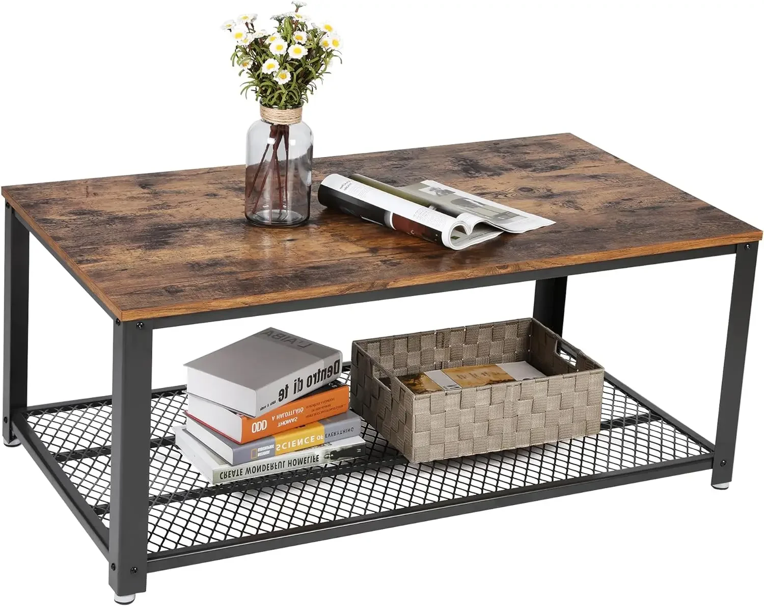 

Coffee Table for Living Room, 2-Tier Cocktail Table, Center Table with Mesh Shelf, Steel Frame