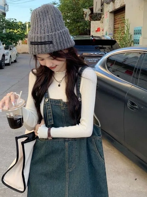Slimming Effect Slim Fit Denim Overalls Dress Women's Spring Autumn Medium Length Strapless Dress plus Size College Style