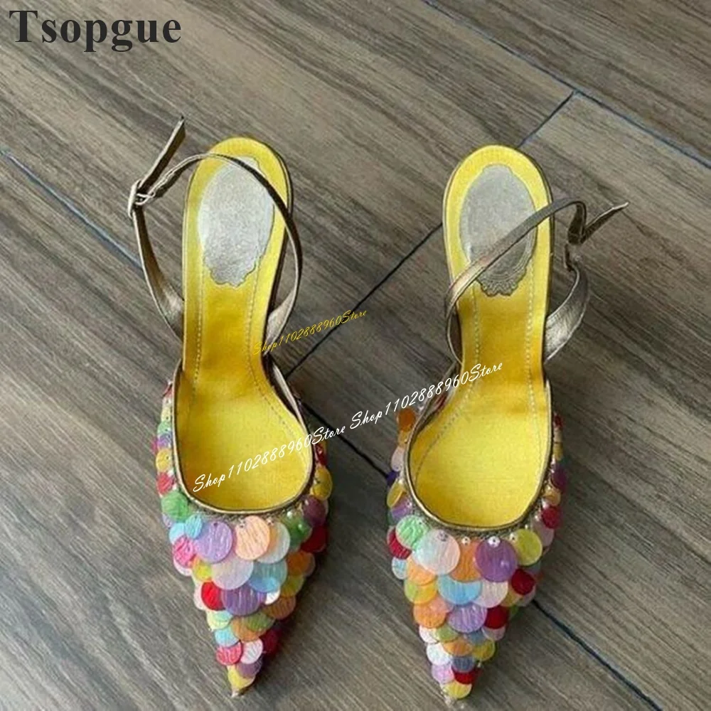 Slingback Mixed Color Sparkles Decor Sandals Thin High Heel Women Shoes Back Strap Pointed Toe 2024 Fashion Zapatos Para Mujere