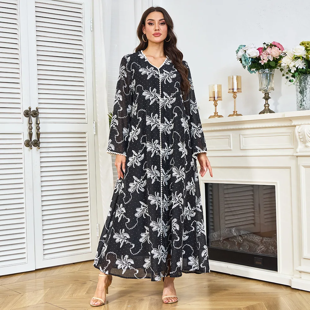 فستان نسائي طويل إسلامي رقيق مطرز في الشرق الأوسط فضفاض البندول رداء إسلامي فستان غريب