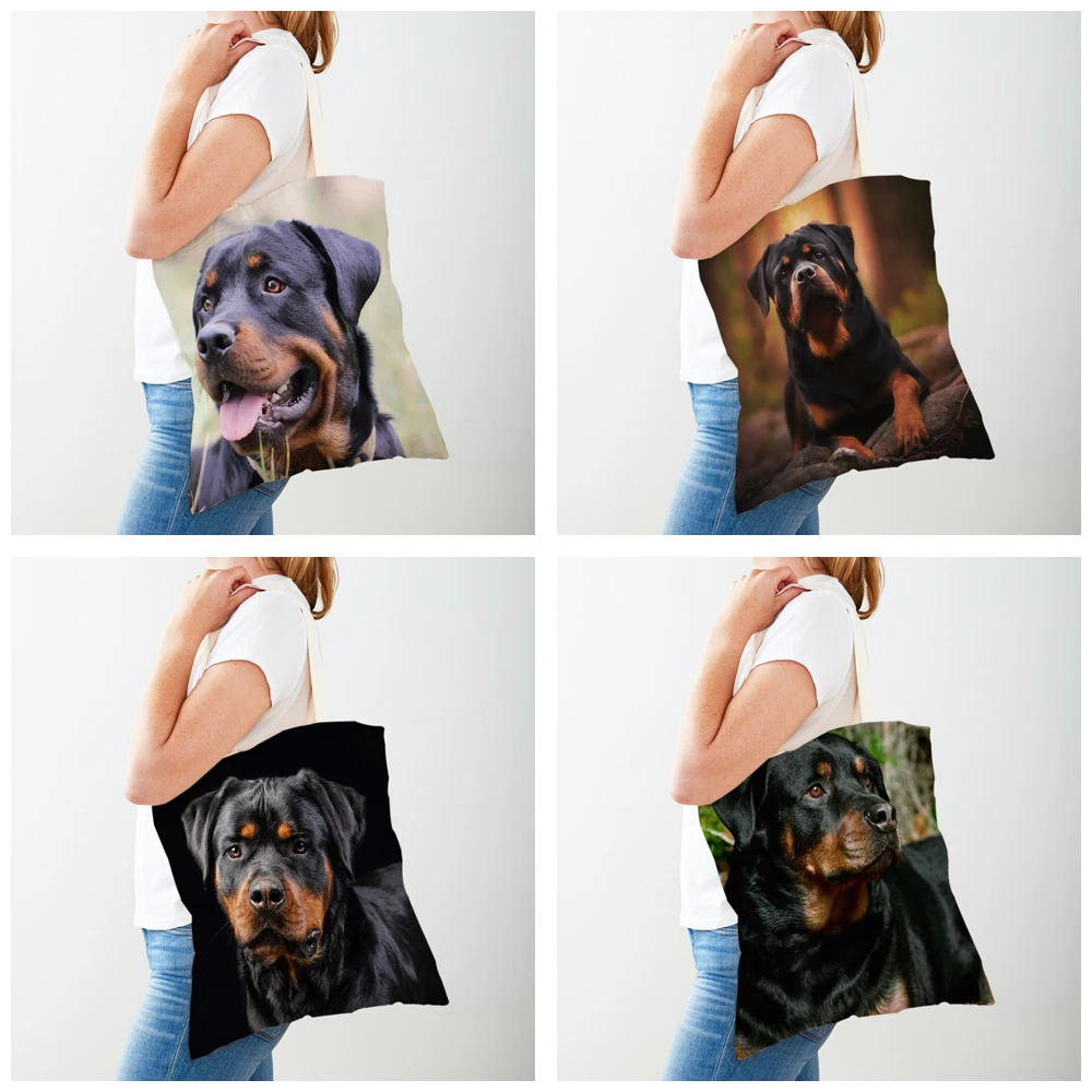 Brave Rottweiler พิมพ์กระเป๋านักช้อปสุนัขสัตว์น่ารัก Lady Canvas Tote กระเป๋าถือนํากลับมาใช้ใหม่ทั้งสองด้าน Casual Shopping Bag สําหรับผู้หญิง