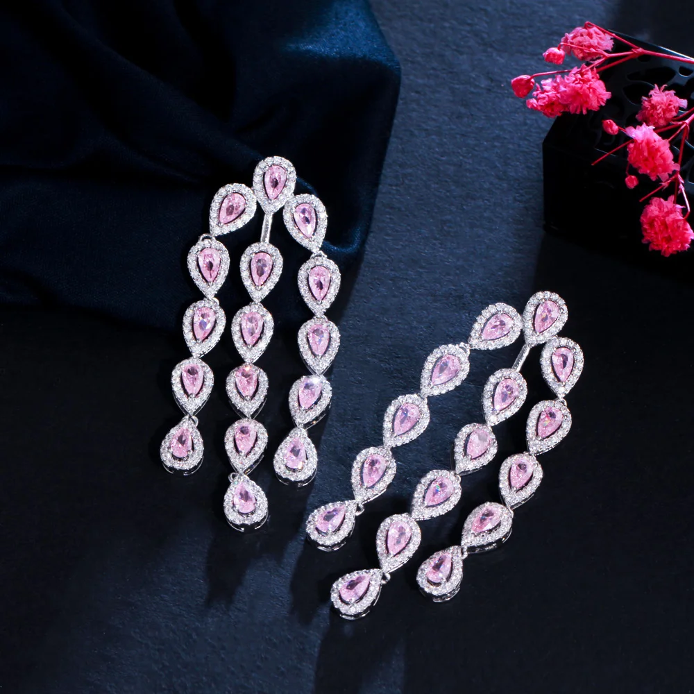 ThreeGraces Shiny Pink Cubic Zirconia Silver Color Long Water Drop Dangle Earrings for Women Bridal Wedding Party Jewelry E1773