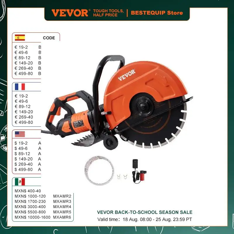 VEVOR Electric Concrete Saw 16 in 3200 W 15 A Motor Circular Saw Cutter with Max. 6 in Adjustable Cutting Depth Wet Disk Saw