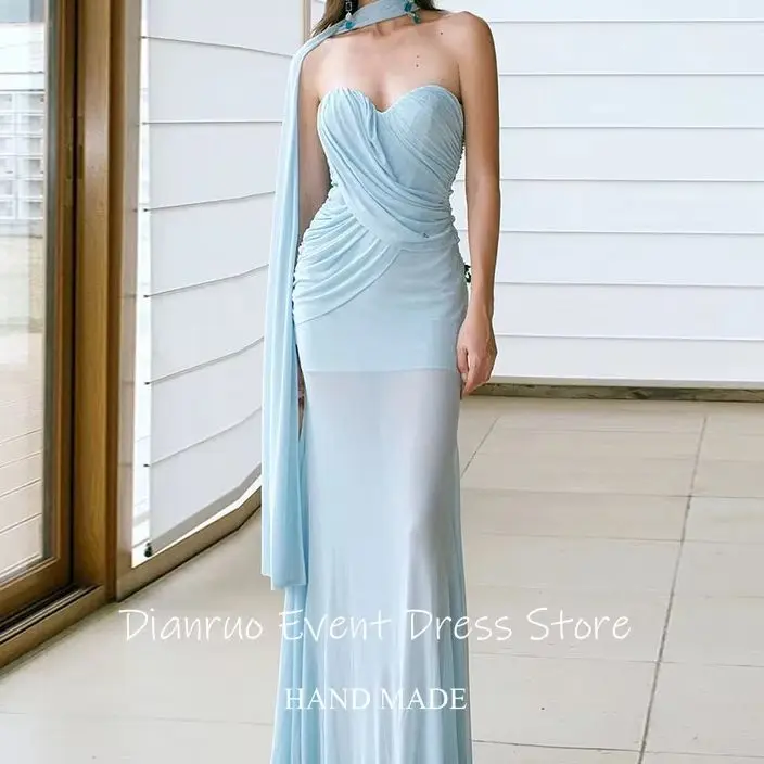 Dianruo リボン付きイリュージョンイブニングドレス ストレートスイートハート ラッフル装飾付き ベスティドス・デ・フェスタ ライトブルー サマープロムガウン 2025 カスタマイズ可能