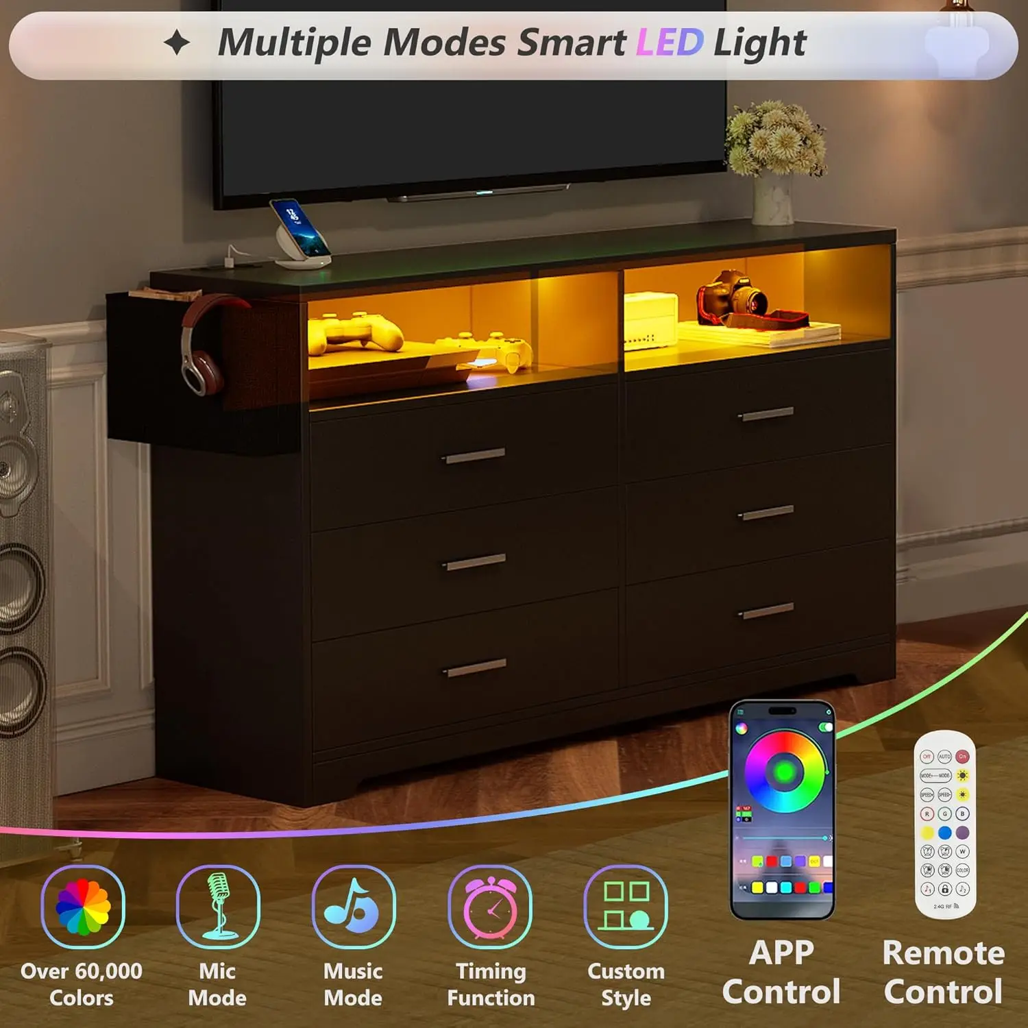 Kommode für Schlafzimmer, schwarze Kommode mit 6 Schubladen, Ladestation und LED-Licht, 55 "breite Kommode TV-Ständer, Kommode