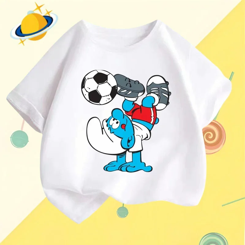 Coppa europea Smurfs estate bambini cartone animato t-shirt Anime stampa sport manica corta ragazzi camicia casual ragazze Kawaii top