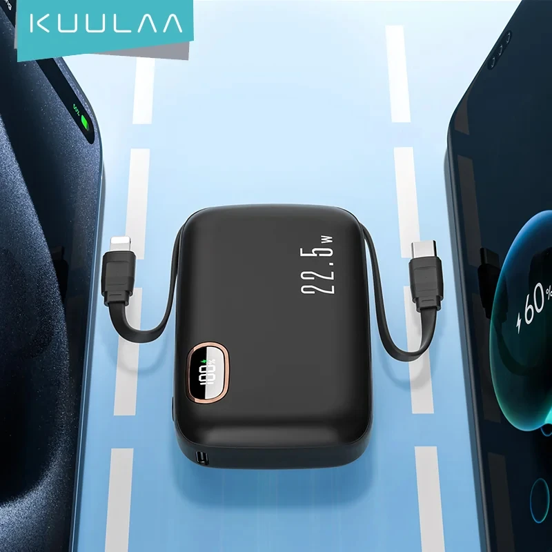 

KUULAA Portable 10000mAh Power Bank 22.5W PD Fast Charging Powerbank Battery Charger, Built-in Cable For iPhone 15 14 13 Samsung