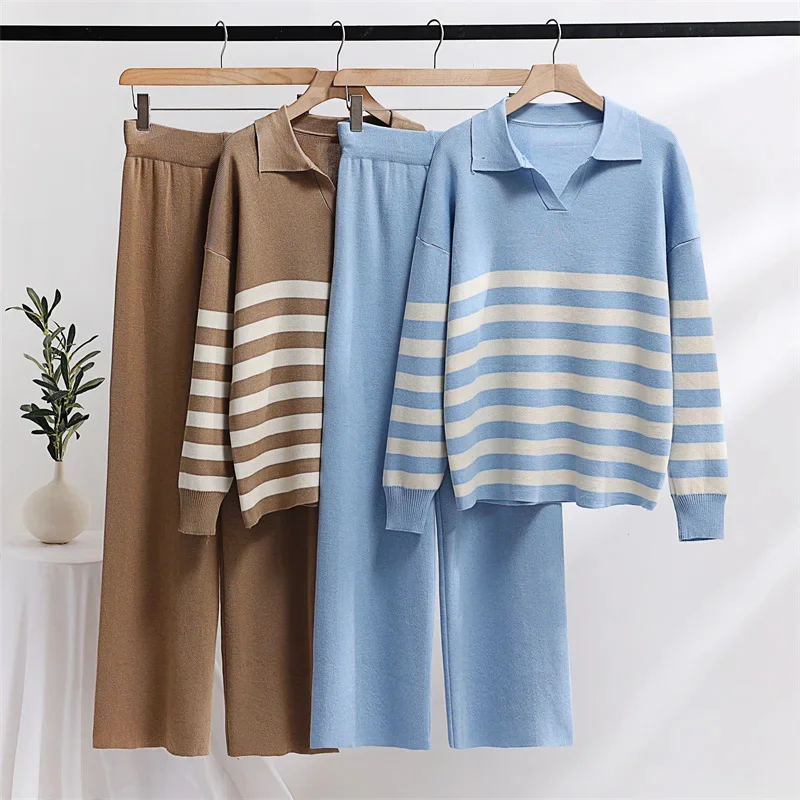 Casual Striped Knitted Two Piece Set Korean Loungewear Polo Sweater Matching Set Women Winter 2 Piece Knit Pants Set For Women