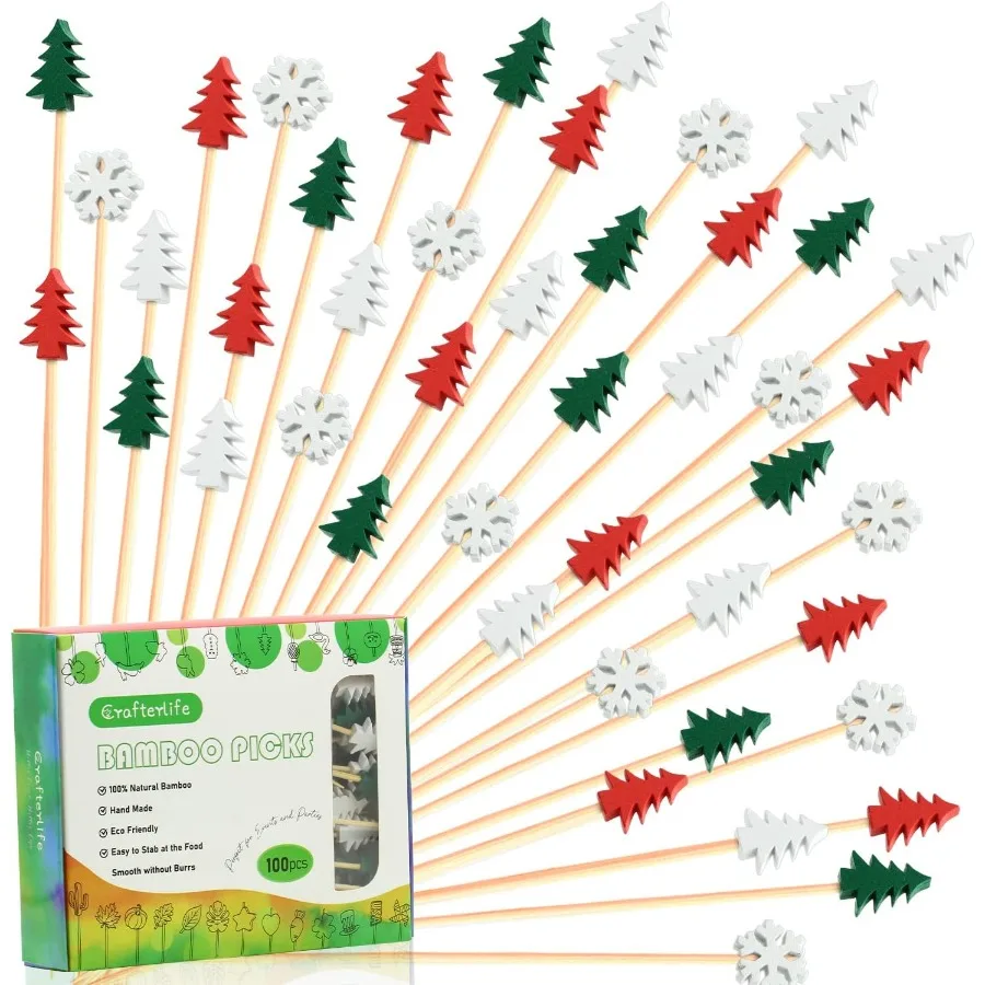 

100pcs Xmas Tree Snowflake Cocktail Picks 4.7" Long Food Toothpicks Fruit Sticks Sandwich Appetizer Charcuterie Skewers Made of