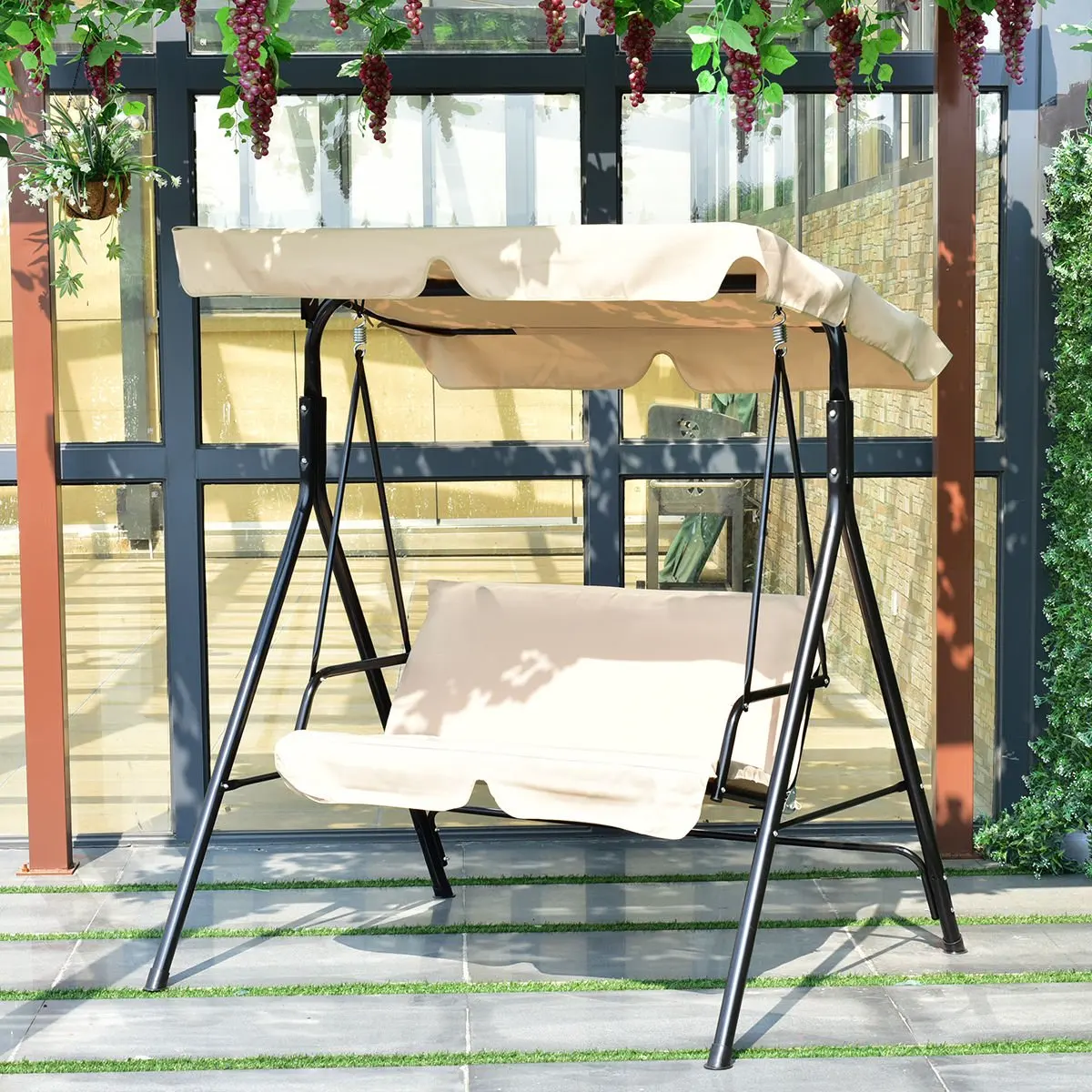 2 Person Porch Swing, Outdoor Swing with Removable Cushions, Solid Steel Structure, Patio Swing with Adjustable Canopy