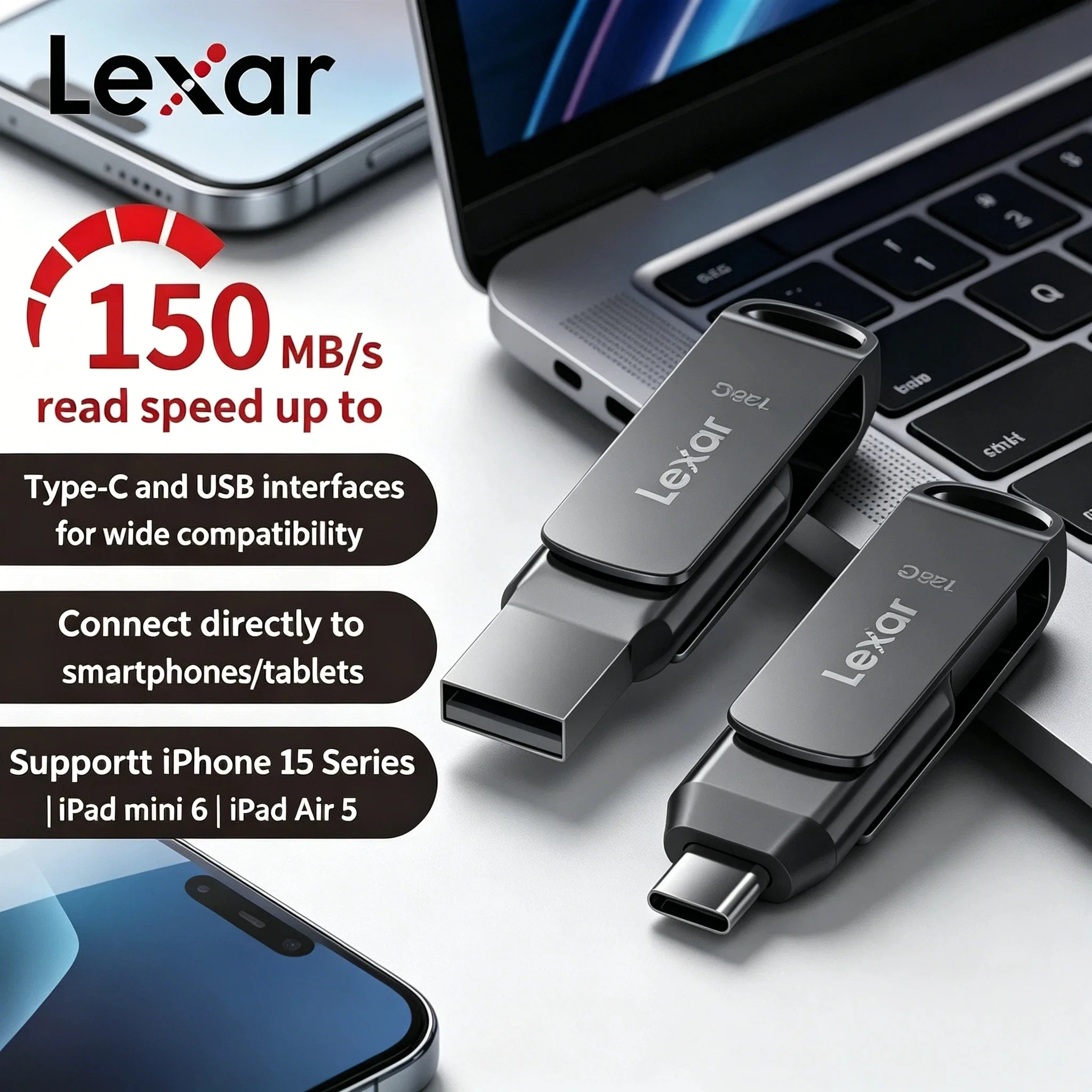 Lexar JumpDrive Dual Drive D400 USB 3.2 Type C Type A Flash Drive Metal Casing Storage Expansion for PC iPhone 15 4K Ultra Pro