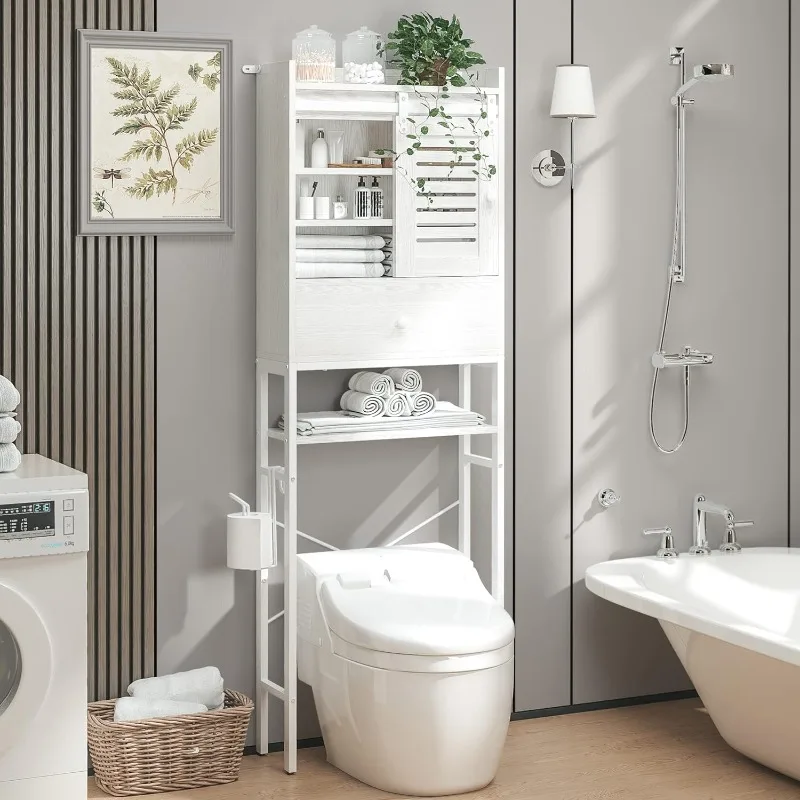 

Over The Toilet Storage Rack with Cabinet and Drawer, 6 Tier Bathroom Organizer Shelves Space Saver with Adjustable Shelf,