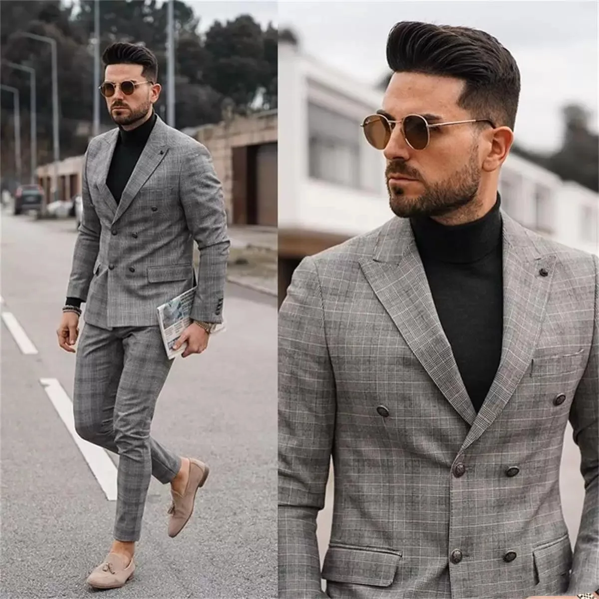 

Dark Gray Men Suit Tailor-Made 2 Pieces Blazer Pants Double Breasted Slim Fit Gentle Formal Business Causal Party Host Tailored