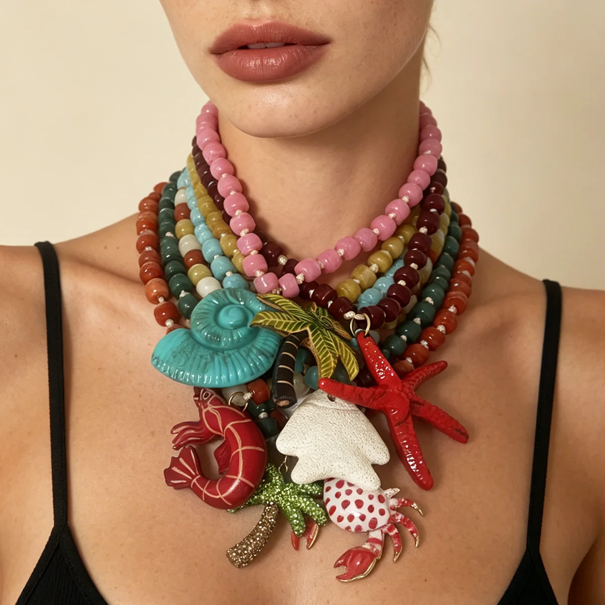 2026 Summer Vacation Style Marine Life Pendant Colorful Bead Necklace