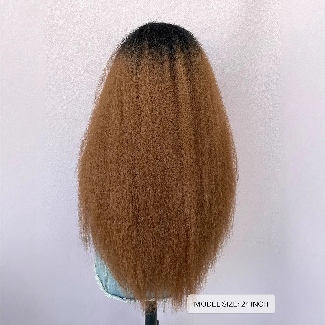 Wig Rambut Lurus Kinky dengan Lace Front untuk Wanita, Wig Afro Yaki Gelombang Panjang Keriting Lurus Ombre Cokelat, Wig Cosplay Pesta Halloween yang Mengembang