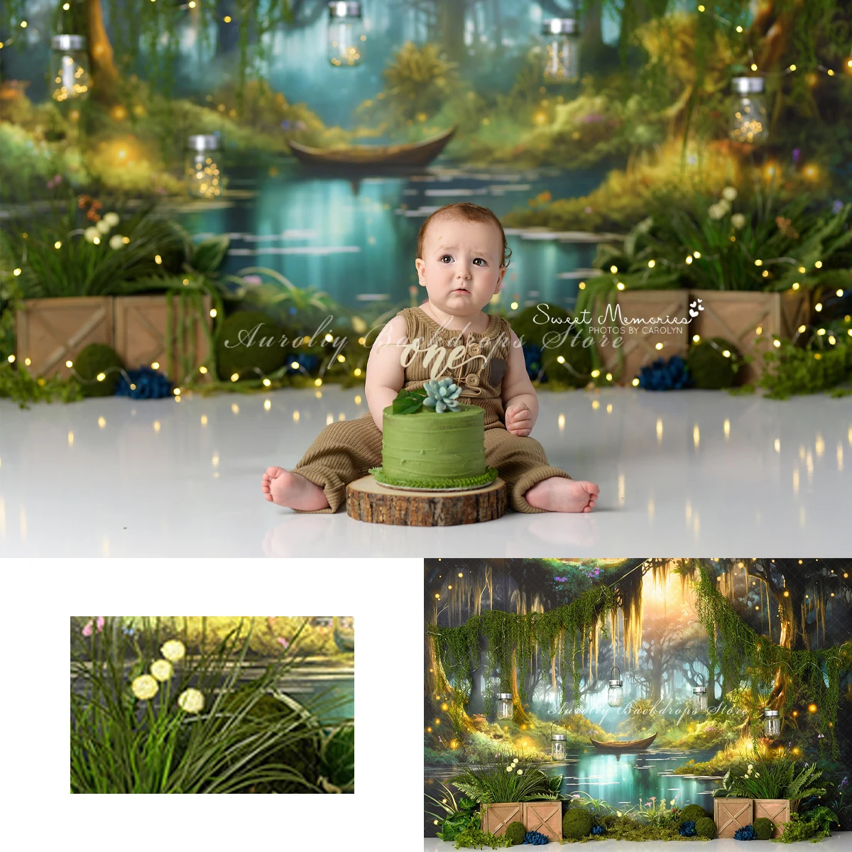 

Jungle Lake Fire Fly Backgrounds Cake Smash Kids Adult Photography Props Child Baby Decors Wooden Boat Photo Backdrops