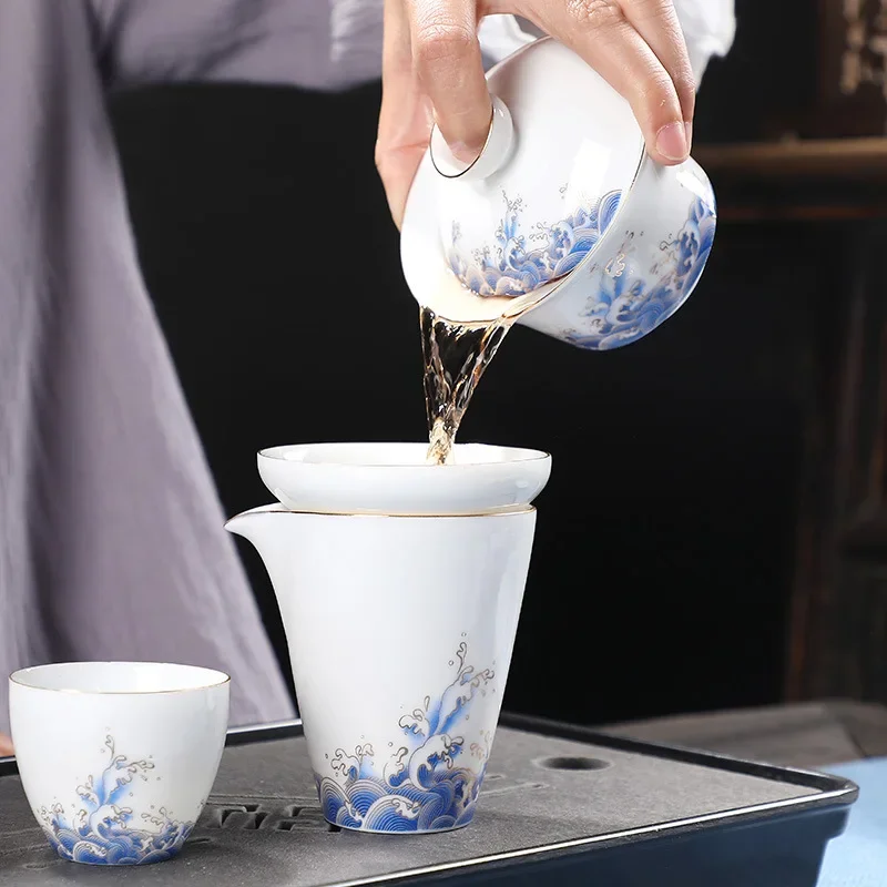 Chinese Style Brewing Tea Cups, Blue and White Porcelain Gaiwan, White Jade Ceramic Tureen, Sea Wave Bowl, Saucer Lid Set, 170ml