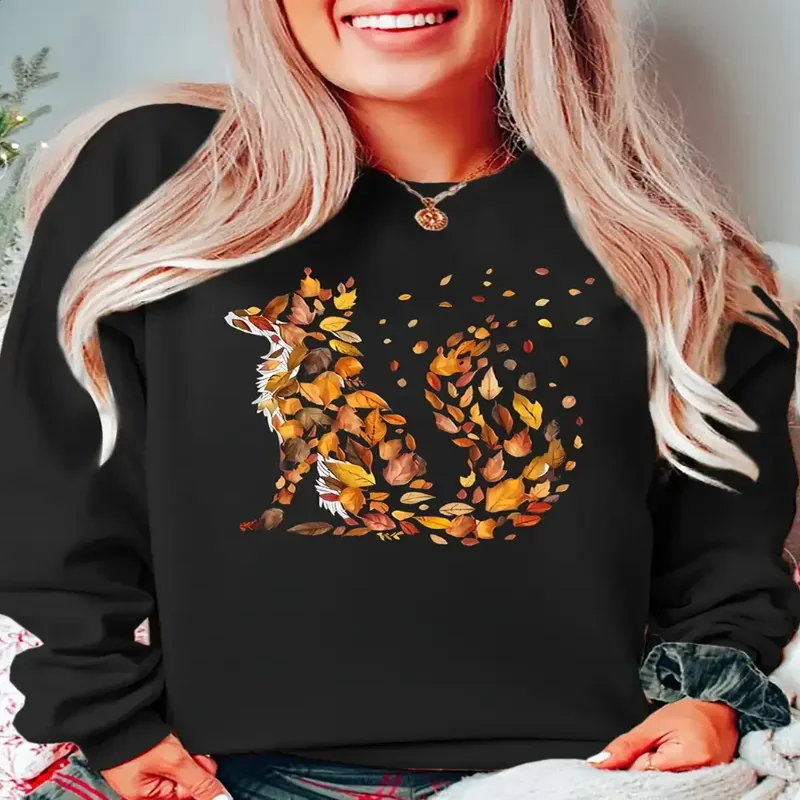 

Женская толстовка с круглым вырезом и графическим принтом, лиса и осенние листья, уютный повседневный пуловер, осень-зима, уличная одежда, которую можно стирать в машине