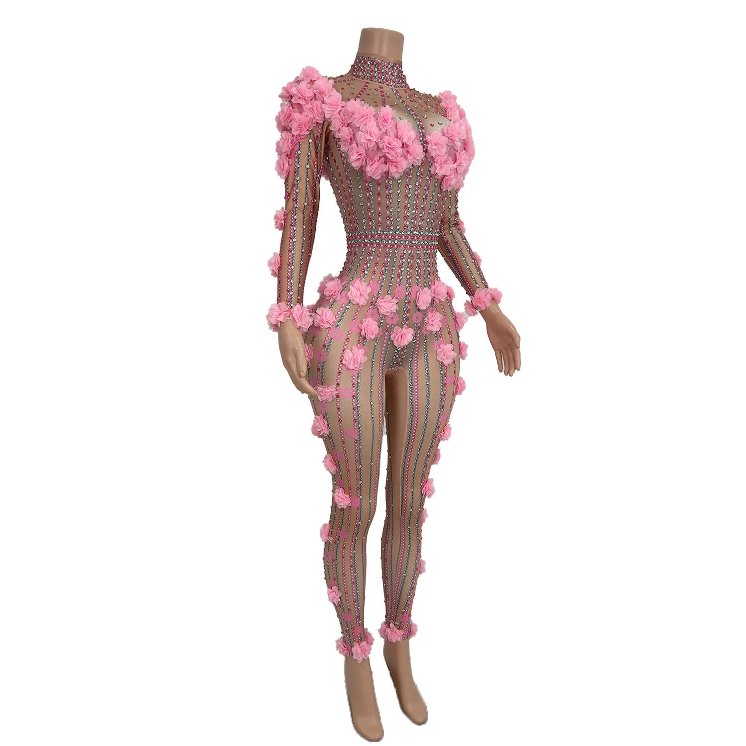 Fashion Flower Rhinestones Long Sleeve Jumpsuit Women High-end Nightclub Party Performance Dance Tight Fitting Outfit Huaduoku