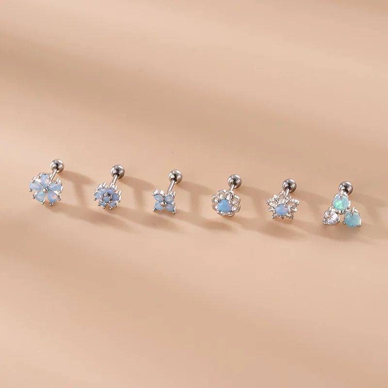 1Piece Blue Opal Stone Cartilage Stud Earring 20G Stainless Steel 0.8mm Ear Conch Helix Snug Screw Back Earring Piercing Jewelry