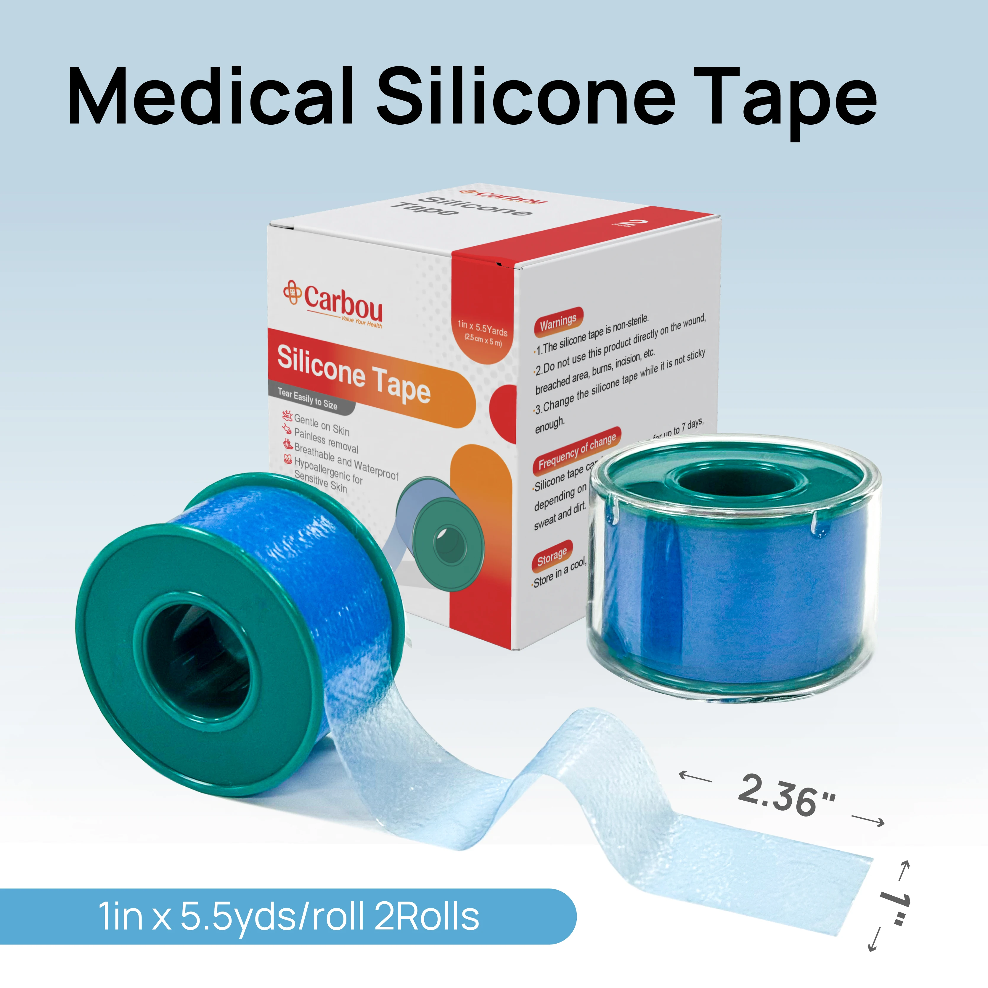 Carbou Soft Silicone Tape 1' X 5.46 Yards, 2/3 Rolls Breathable Waterproof Silicone Medical Tape for Sensitive Skin