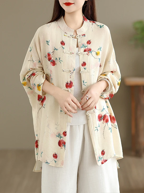 Chinese Style Cotton Linen Long Sleeve Printed Shirt Women's Mid-Length Outerwear Button-Up Cardigan Slim Fit Stand Collar Top 2