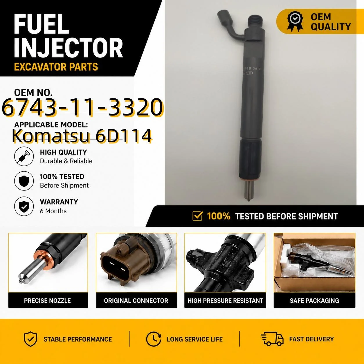 High Quality Excavator Parts PC300-7 PC360-7 6D114 Engine Injector 0432191341 6743-11-3320